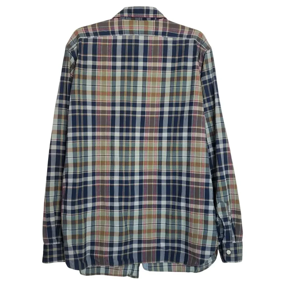 Polo by Ralph Lauren Mens Large Blue Plaid Button‎ Up Shirt Top Stitch Detail LS